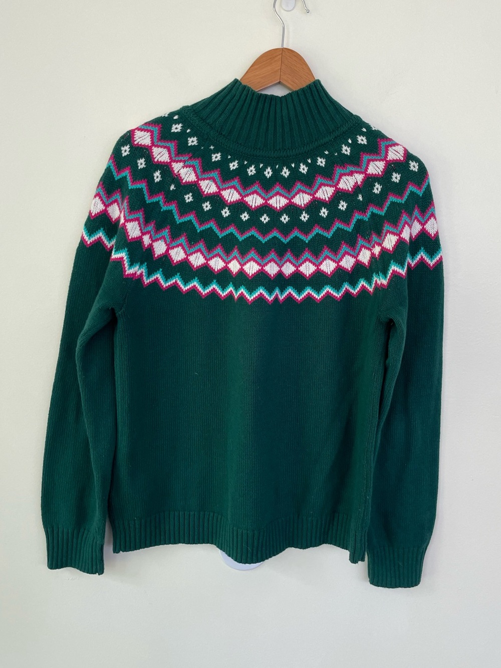 J. Crew Fair Isle Mock Neck Long Sleeve Sweater M Medium Green Pink Cotton - Picture 6 of 9